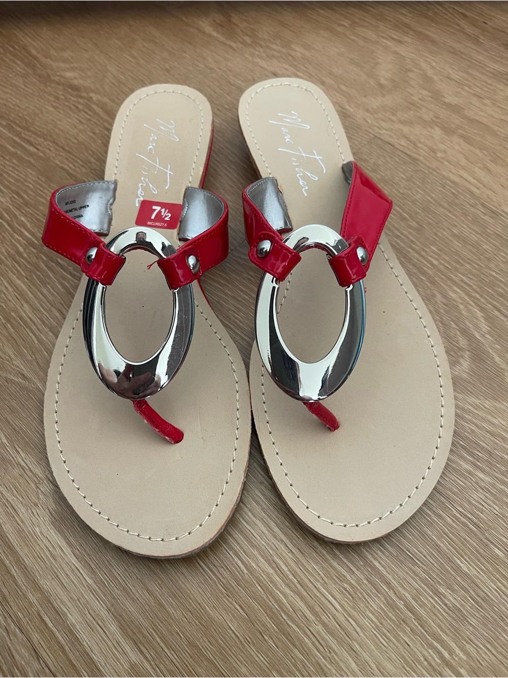 Marc Fisher Red Toe-Loop Sandals with Silver Ring Accent
